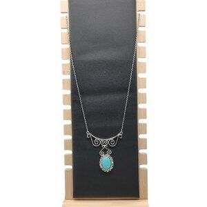 Faux Turquoise Filigree Y Drop Pendant Necklace 20" Silver Tone Chain